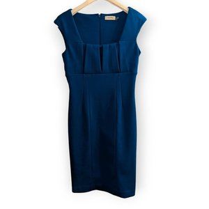 Calvin Klein Size 4 Blue Cap Sleeve Stylish Pleat Neck Dress Women Modern Cut